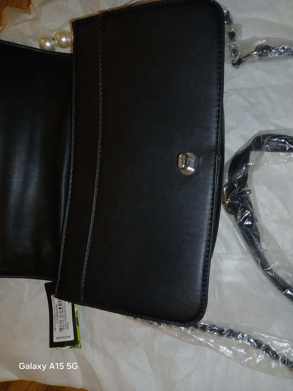Badgley Mischka Black Quilted Crossbody w/ Pearl Handle Made With Vegan Leather